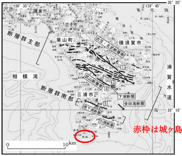 図-1 三浦半島断層帯の分布状況（文献2：地震調査研究推進本部の断層帯地図から）